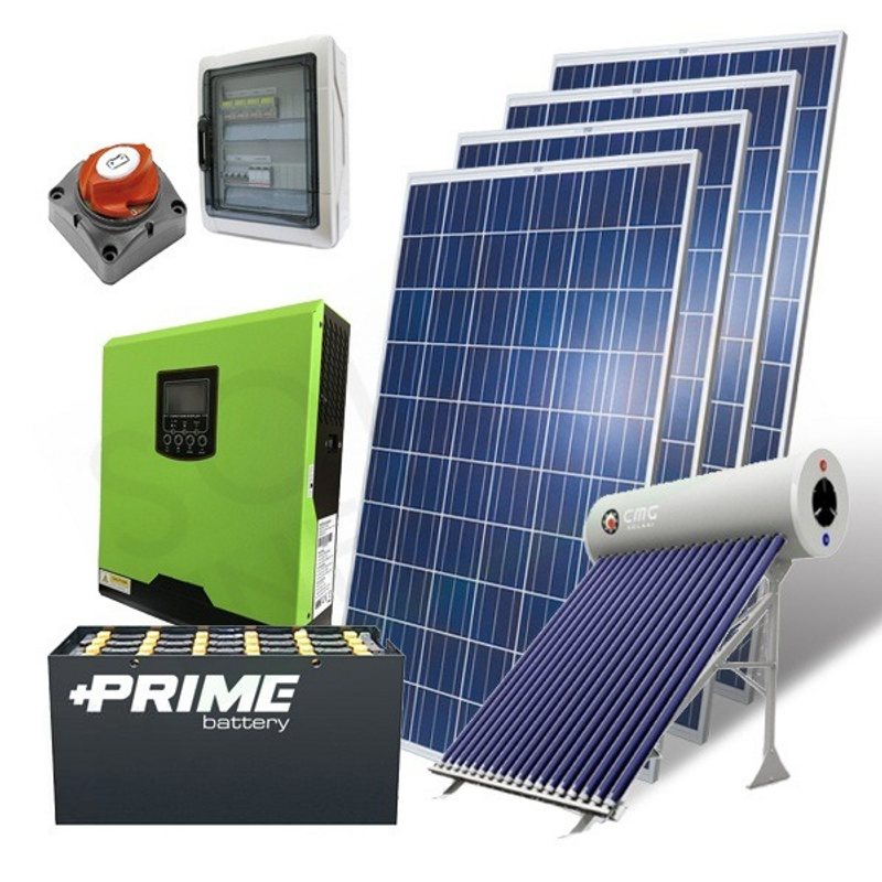 Solar-Kit OFFNETES PHOTOVOLTAIK-KIT 1,1 KW 24 V – MIT OPZS 4500 AH-BATTERIEN UND SOLARTHERMIE
