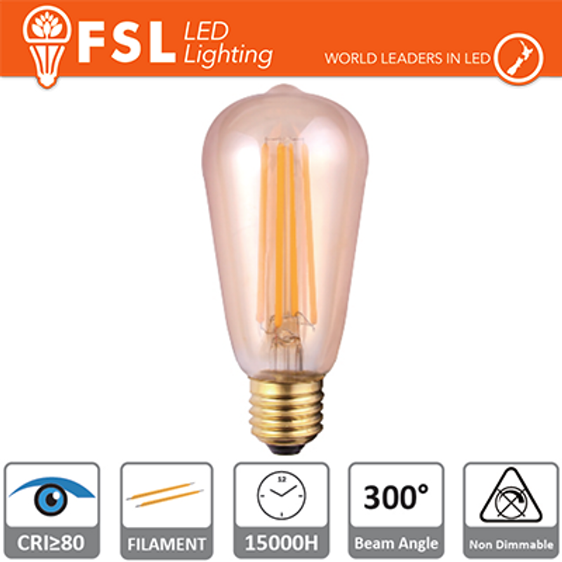 Beleuchtung Edison-Lampe, bernsteinfarbener Faden – 6 W, 2200 K, E27, 650 lm