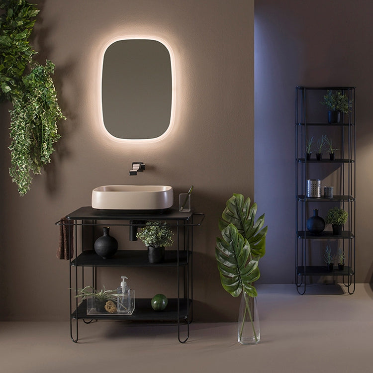 Flaminia Set mit metallischer Unterstützung L. 89 cm, matte schwarze Farbe, mit Aufsatzbecken L. 50 cm, zweifarbige Oberfläche Ton und mattes Kohle + Spiegel + Regal mit Stahlstruktur, Farbe schwarz, matte Oberfläche FILO FI75SVNE+FG50AARG+FI46SVNE