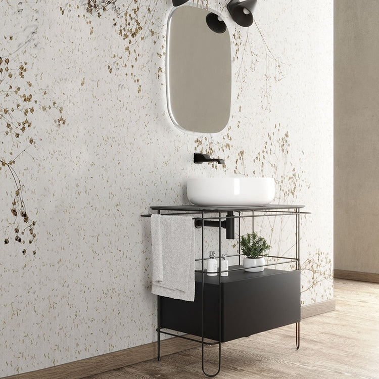 Flaminia Set mit Gestell mit Schublade und Glasplatte in mattem Schwarz mit Aufsatzbecken Ø 50 cm in Weiß + Spiegel mit Beleuchtung + Siphon, Farbe Schwarz matt + Mischbatterie Farbe Schwarz matt FILO FI75SCNE+BN50A+FG52SPE