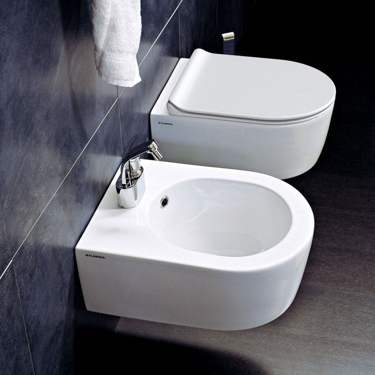 Flaminia Set hängende Sanitäranlagen, WC mit goclean®-System und Slim-Sitz mit abfallverzögerter Absenkung, Einloch-Bidet mit Überlauf, Weiß, glänzende Oberfläche MINI LINK 5064G+5065+LKCW09