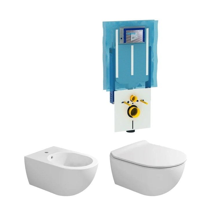 Flaminia Komplett-Set hängende Sanitäranlagen, WC mit Dämpfungssitz und Einloch-Bidet, Weiß, glänzende Ausführung, Installationsmodul Combifix für Mauerwand APP 111.907.00.5C-APP