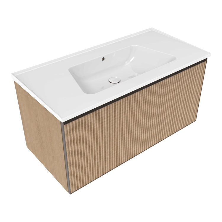 Flaminia Set mit Unterschrank L. 105 cm, 1 Schublade, natürliche griechische Eichenoberfläche und Waschbecken L. 105 cm mit Überlauf, Weiß, glänzende Oberfläche CUBIKA/BLOOM BCK893LLK+BM105L