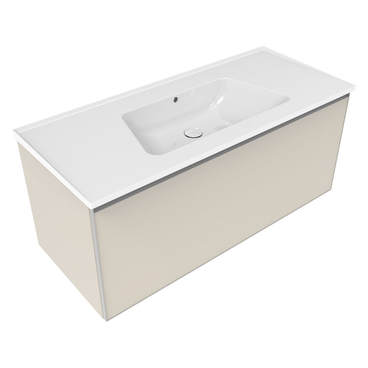 Flaminia Set mit Unterschrank L. 120 cm, 1 Schublade, Farbe Jute matt und Waschbecken L. 120 cm mit Überlauf, Weiß glänzend CUBIKA/BLOOM BCK945LJK+BM120L