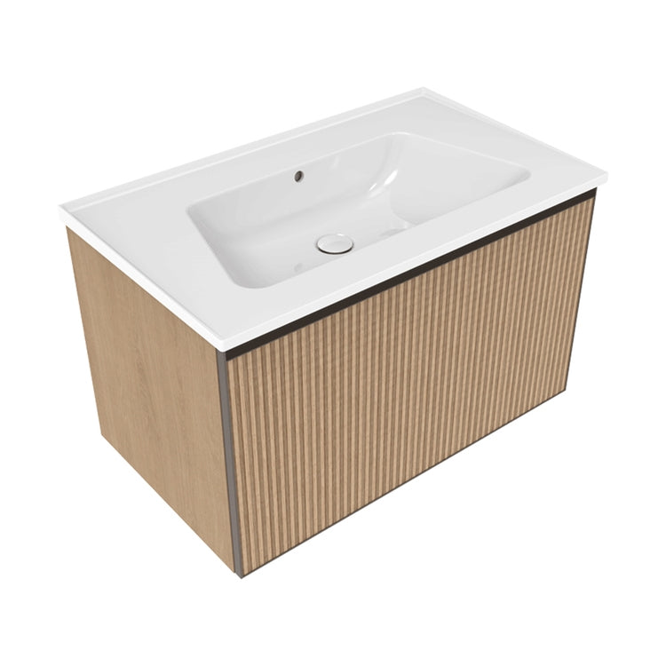 Flaminia Set mit Unterschrank L. 85 cm, 1 Schublade, natürliche griechische Eichenoberfläche und Waschbecken L. 85 cm mit Überlauf, Weiß, glänzende Oberfläche CUBIKA/BLOOM BCK879LLK+BM85L