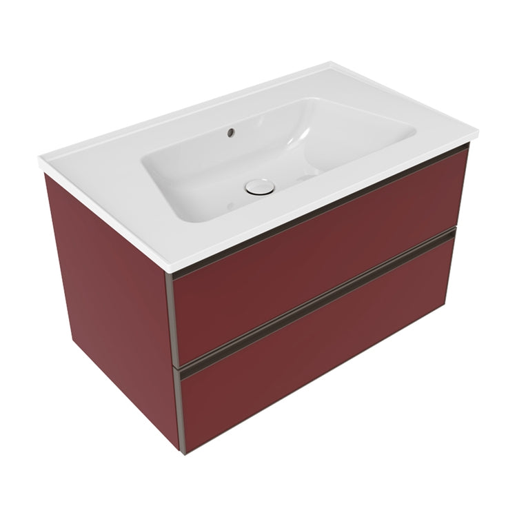 Flaminia Set mit Unterschrank L. 85 cm, 2 Schubladen, bordeauxfarbig, mattes Finish und Waschbecken L. 85 cm mit Überlauf, weiß, glänzendes Finish CUBIKA/BLOOM BCK815LRK+BM85L
