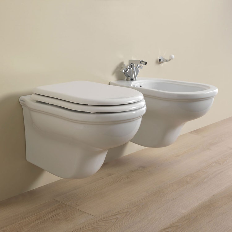 Flaminia Set hängende Sanitäranlagen, WC und WC-Deckel mit langsamer Absenkung, Einloch-Bidet mit Überlauf, Weiß, glänzende Ausführung EFI EF118+EF218+23/CR