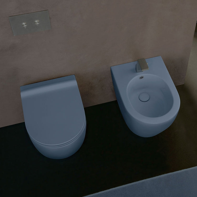 Flaminia WC-Anlagen wandbündig, Becken mit S/P-Abfluss, gosilent®-System und Slim-Sitz mit langsamer Absenkung, Einloch-Bidet mit Überlauf, Farbe Wolke, matte Oberfläche LINK51 LK119GNUV+LK219NUV+LKCW10NUV