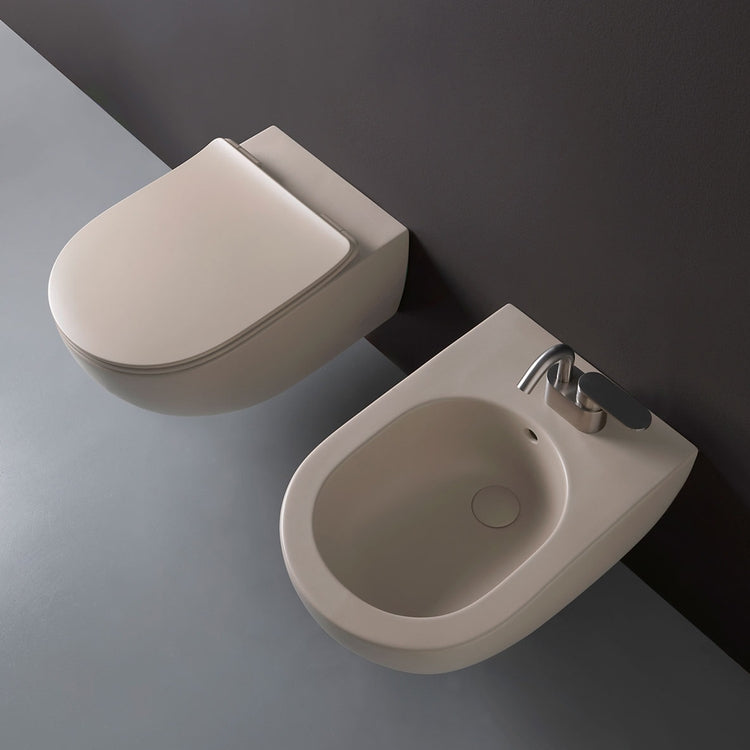 Flaminia Set hängende Sanitärkeramik, WC mit goclean®-System und Slim-Sitz mit Soft-Close, Einloch-Bidet mit Überlauf, Farbe Ton, matte Oberfläche MINIAPP AP119GARG+AP219ARG+QKCW09ARG
