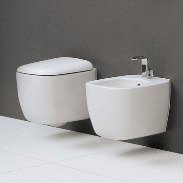 Flaminia MONÒ-Set hängende Sanitäranlagen, WC und umhüllende WC-Abdeckung mit sanft abfallendem Deckel, Einloch-Bidet mit Überlauf, Milchweiß-Farbe, matte Ausführung MN118SLAT+MN218LAT+MNCW03LAT