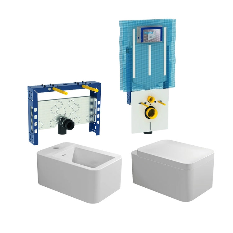 Flaminia Komplettes Set hängender Sanitäranlagen, Toilette mit Dämpfungssitz und Einloch-Bidet, Weiß, glänzende Oberfläche, Installationsmodule Combifix für Mauerwerk NILE 110.790.00.1-NILEB