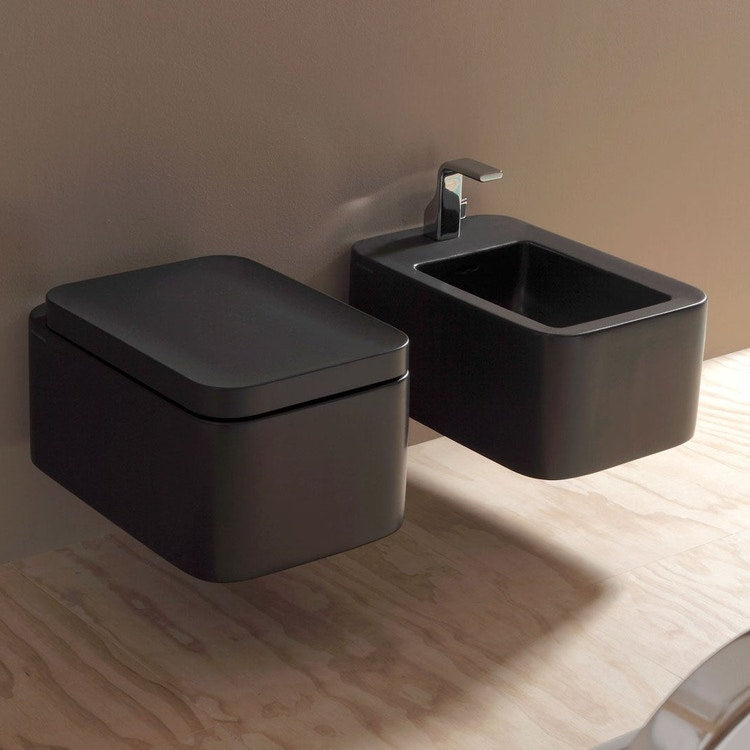 Flaminia Wand-WC-Set, WC mit goclean®-System und abnehmbarer WC-Sitz mit langsam schließendem Deckel, Einloch-Bidet mit Überlauf, Farbe Kohle, matte Oberfläche NILE NL118GCAR+NL218CAR+NLCW03CAR