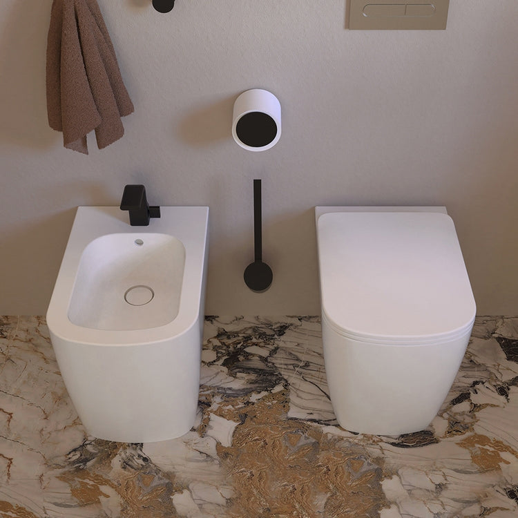 Flaminia Sanitärset wandhängend, WC mit S/P-Spülung, gosilent®-System und Slim-Deckel mit langsamem Absenken, Einloch-Bidet mit Überlauf, Farbe Milchweiß, matte Oberfläche PLAY PY117SLAT+PY217LAT+PYCW05LAT