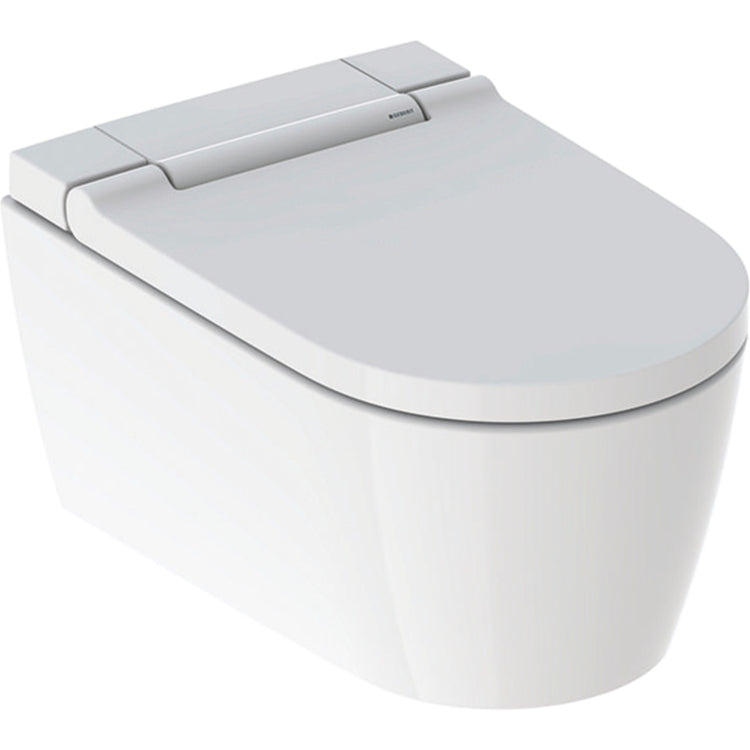 Geberit Hängendes WC, randlos, mit TurboFlush-Technologie, komplett mit Sitz mit Bidetfunktion und gedämpftem Schließen, Sitz und Deckel in Weiß, glänzende Ausführung AQUACLEAN SELA 146.220.11.1