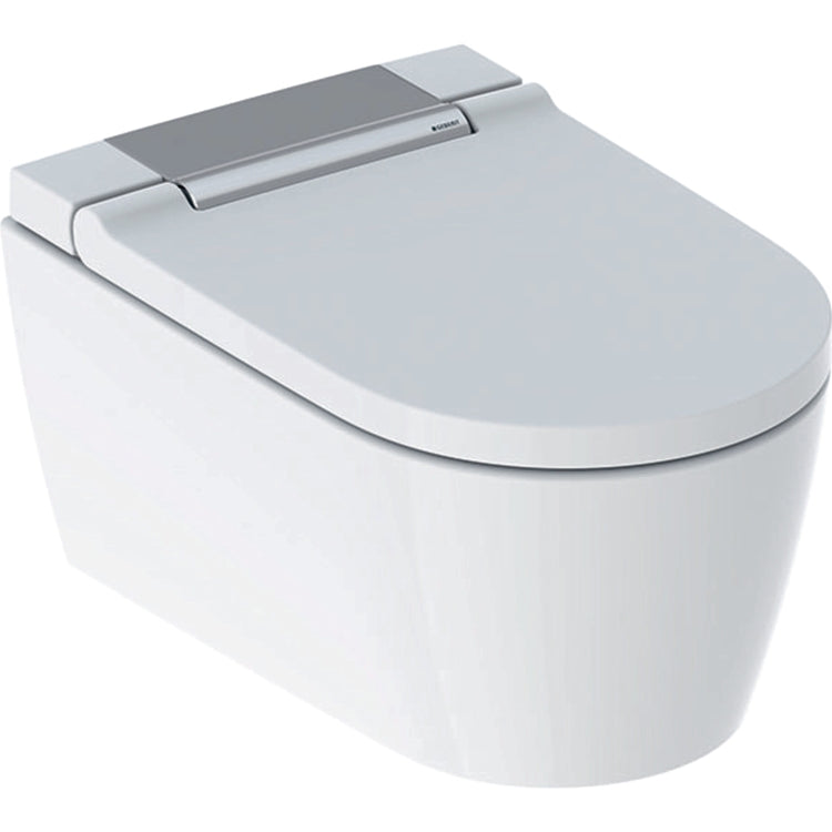 Geberit Wandhängendes WC, ohne Rand, mit TurboFlush-Technologie, komplett mit Sitz mit Bidet-Funktion und gedämpftem Schließen sowie Deckel mit Chrom-Finish, Weiß, glänzende Ausführung AQUACLEAN SELA 146.220.21.1