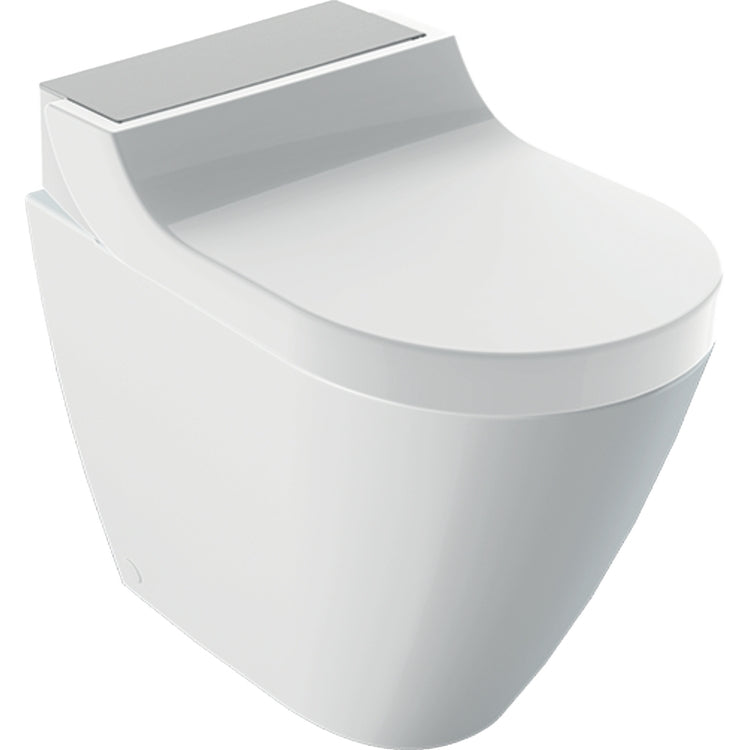Geberit Bodenstehendes WC ohne Rand, komplett mit Sitz mit Bidetfunktion und abgedämpftem Schließen, mit Abdeckung in gebürstetem Edelstahl-Finish, Weiß glänzend AQUACLEAN TUMA COMFORT 146.310.FW.1