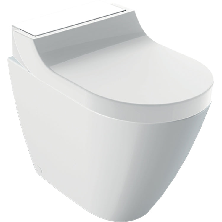 Geberit Bodenstehendes WC ohne Rand, komplett mit Sitz mit Bidetfunktion und Soft-Close, Weiß mit abnehmbarem Deckel in Weiß, glänzende Glasoberfläche AQUACLEAN TUMA COMFORT 146.310.SI.1