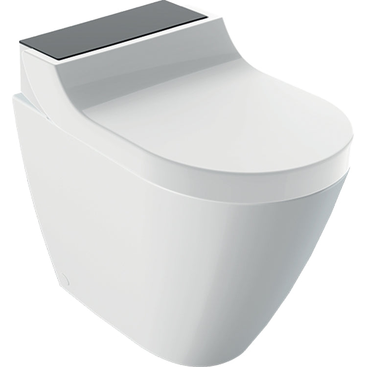 Geberit Stand-WC ohne Rand, komplett mit Sitz mit Bidetfunktion und Dämpfungsschließung, Weiß mit Abdeckung in schwarzem Glasfinish AQUACLEAN TUMA COMFORT 146.310.SJ.1