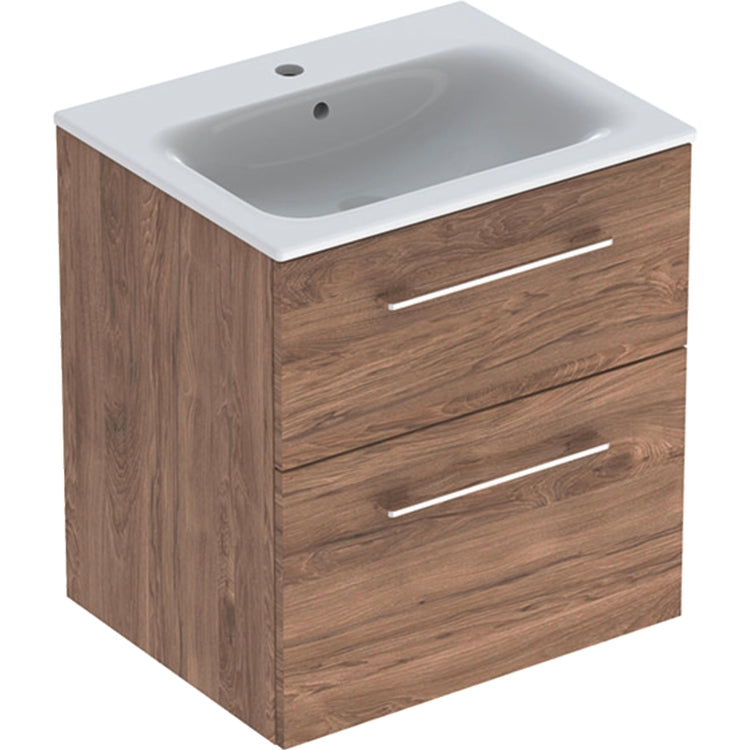 Geberit Waschtisch-Set L. 60 cm, mit Armaturenloch und Überlauf, inklusive Unterschrank mit zwei Schubladen, amerikanische Nussbaum-Finish SELNOVA SQUARE 501.238.00.1