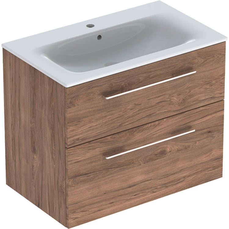 Geberit Waschtisch-Set L. 80 cm, mit Armaturenloch und Überlauf, inklusive Unterschrank mit zwei Schubladen, amerikanische Nussbaum-Finish SELNOVA SQUARE 501.242.00.1