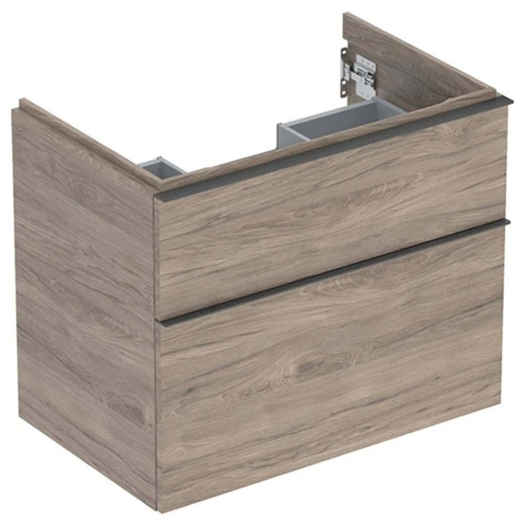 Geberit Mobil hängend L. 75 cm für Waschbecken, mit zwei Schubladen mit Dämpfungsschluss, Griff Farbe matt Lava, Korpus Farbe amerikanische Walnuss melaminbeschichtet ICON 502.304.JR.1