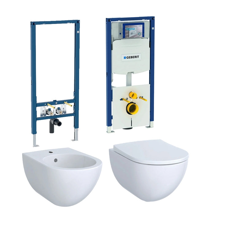 Geberit Kompletter Satz hängender Sanitäranlagen, WC mit Dämpfungssitz und Einloch-Bidet, Weiß glänzend, Duofix Installationsmodule für Trockenbauwand ACANTO 111.907.00.5-ACANTOD