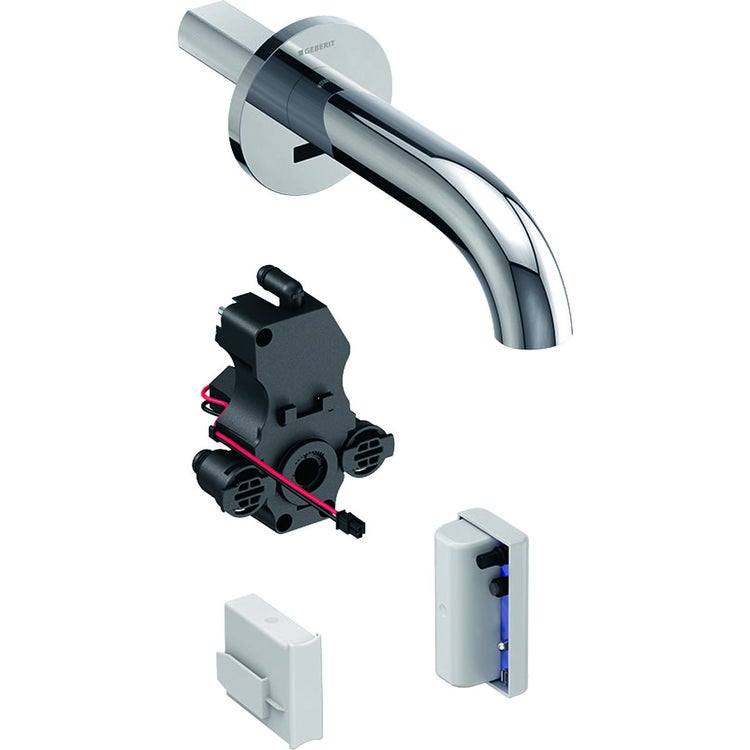 Geberit Waschtischarmaturen Wandmontage, Betrieb über Generator, für Einbau-Funktionsbox mit Auslauf 17 mm mit Mischer, glänzende Chromoberfläche PIAVE 116.266.21.1