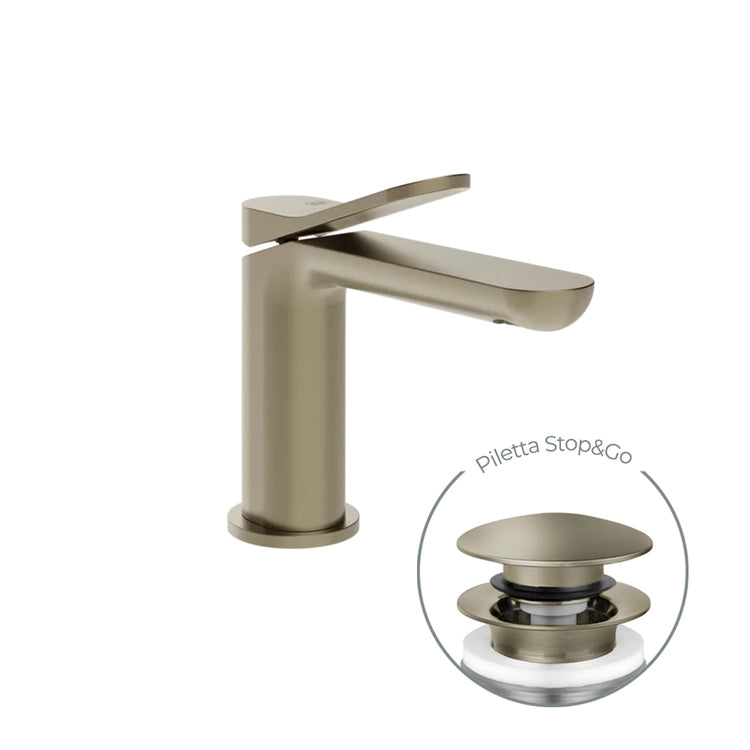 Gessi Einhebelmischer H. 15 cm für Waschbecken, mit Stop&Go Ablauf und flexiblen Schläuchen, Oberfläche Finox gebürstetes Nickel MERAVIGLI 56051#149