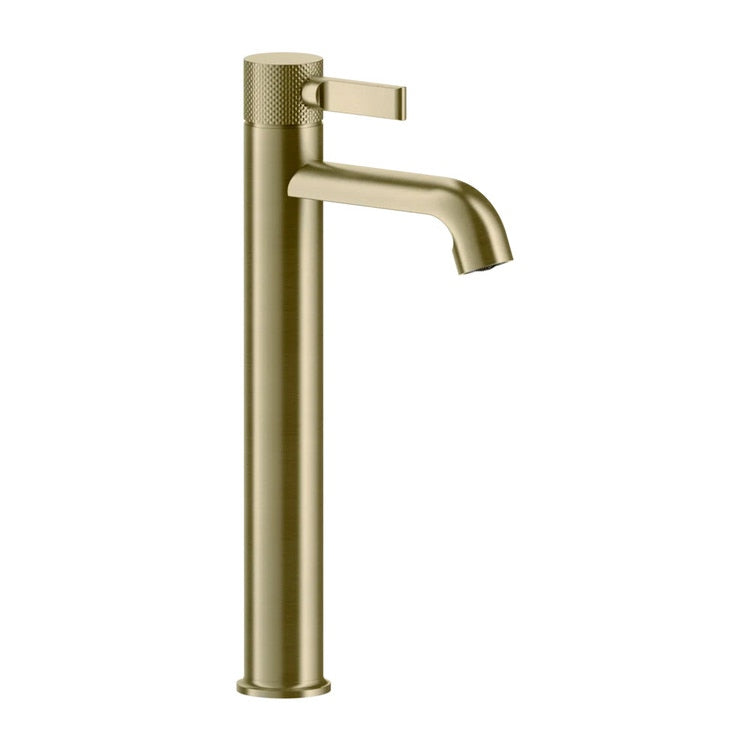 Gessi Waschbeckenmischer H. 34 cm, ohne Ablauf, mit Anschlussflexschläuchen, Oberfläche gebürstetes Messing PVD INCISO 58004#727