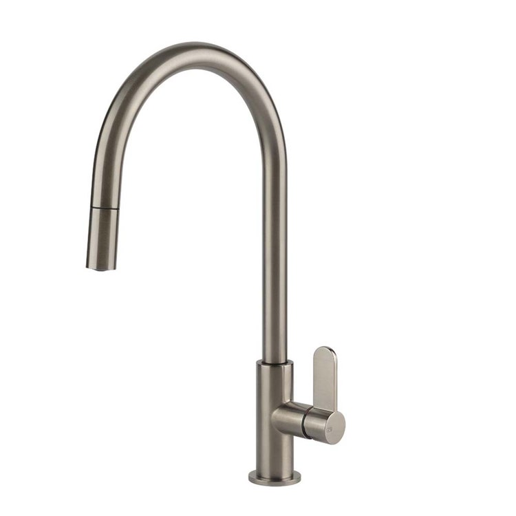 Gessi Mischbatterie H. 41,1 cm für Spüle, Einhebel, mit schwenkbarem Auslauf und herausziehbarer Brause mit einem Strahl, Oberfläche Finox gebürstetes Nickel HELIUM 60077#149
