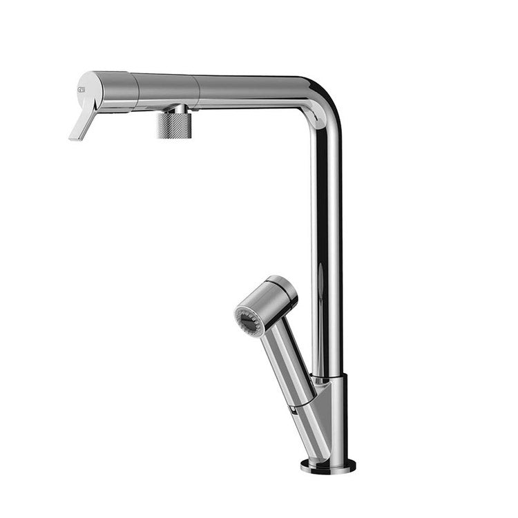 Gessi Fester Gipsmischer H. 35,6 cm für Spüle, Einhebelmischer, mit schwenkbarem Auslauf und herausziehbarer Brause mit Doppelstrahl, Chromoberfläche FISSO 60640#031