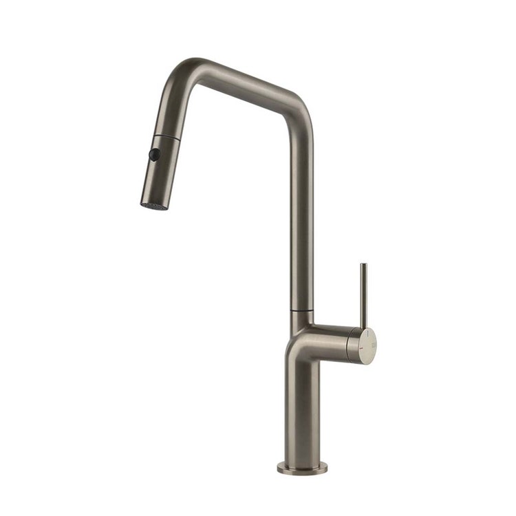 Gessi Einhandmischer H. 38,5 cm für Spüle, mit schwenkbarem Auslauf und herausziehbarer Brause mit Doppelstrahl, Oberfläche Finox gebürstetes Nickel STELO 60307#149