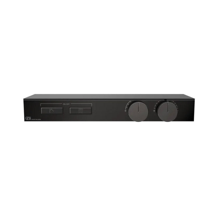 Gessi Thermostatischer Mischventilregler mit Regal, mit zwei unabhängigen Funktionen, mit Ein-/Aus-Tastern, ohne Einbaukörper, Ablage aus schwarzem Sicherheitsglas, Oberfläche black metal PVD HI-FI SHELF 63022#706