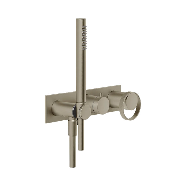Gessi Ring Duschmischer, wandmontiert, 2 Ausgänge mit Umschalter, Wasseranschluss und Duschhalter, ohne Einbaukörper, Oberfläche finox brushed nickel ANELLO 63343#149