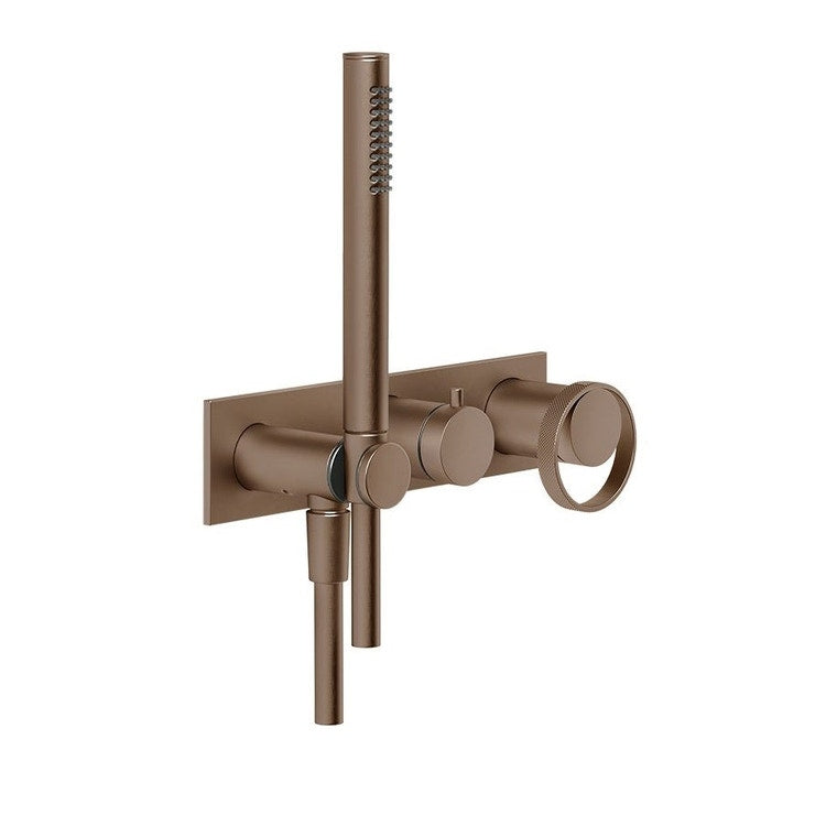 Gessi Ring Duschmischer, wandmontiert, 2 Ausgänge mit Umschalter, Wasseranschluss und Duschhalter, ohne Einbaukörper, Oberfläche Kupfer gebürstet PVD ANELLO 63343#708