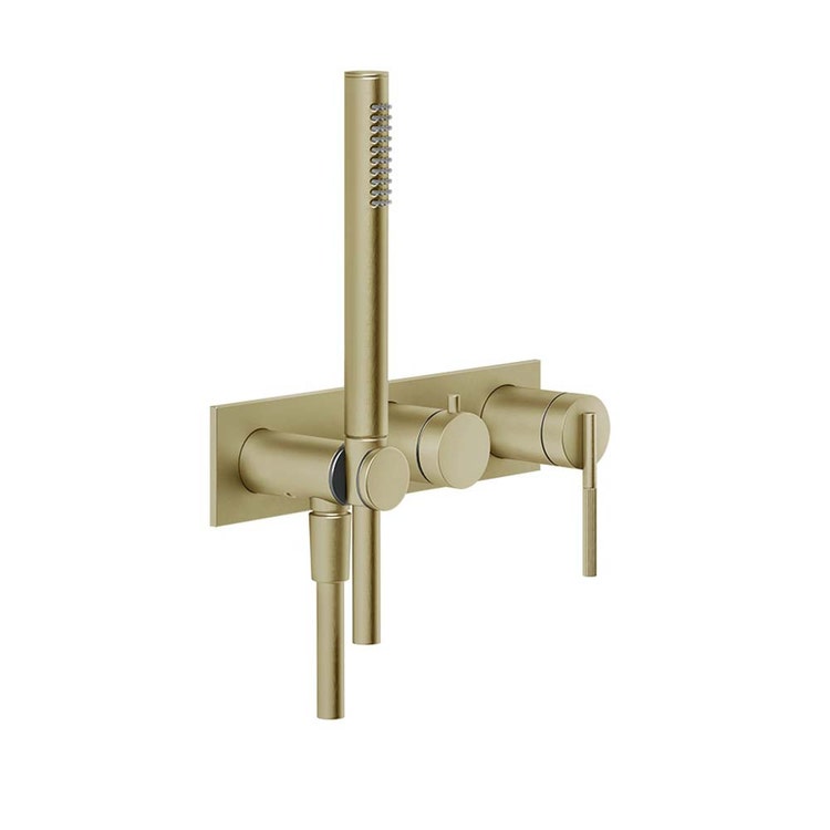 Gessi Zahnrad Duschmischer, wandmontiert, 2 Wege, mit Umschalter, Wasseranschluss und Duschhalterung, ohne Unterputzkörper, Oberfläche Messing gebürstet PVD INGRANAGGIO 63543#727