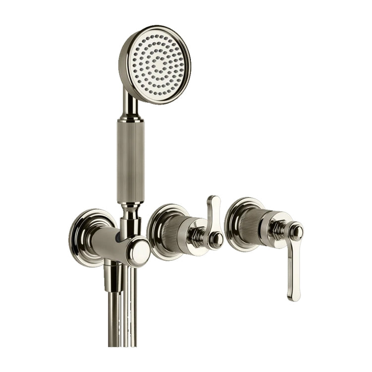 Gessi Wand-Duschmischer, 2-Wege, mit Umschalter, Wasseranschluss, Duschhalterung und Handbrause, ohne Einbaukörper, Nickel-PVD-Finish VENTI20 65036#720