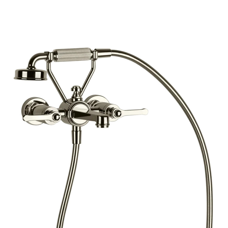 Gessi Wandbadewannengruppe mit Umschalter Bad/Dusche, 150 cm Flexschlauch und kalkresistente Handbrause mit festem Rücklaufverschraubung, Nickel PVD Finish VENTI20 65113#720