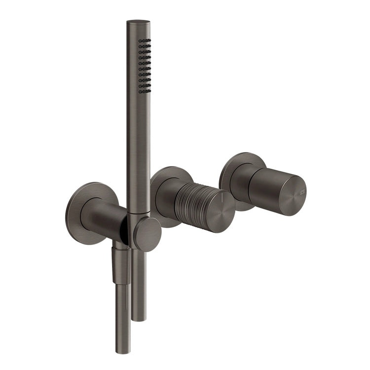 Gessi Wand-Duschmischer mit zwei Wegen, Umsteller, Wasseranschluss, Handbrausehalter und Handbrause, Oberfläche Black Metal Brushed PVD HABITO TRAME 70338#707