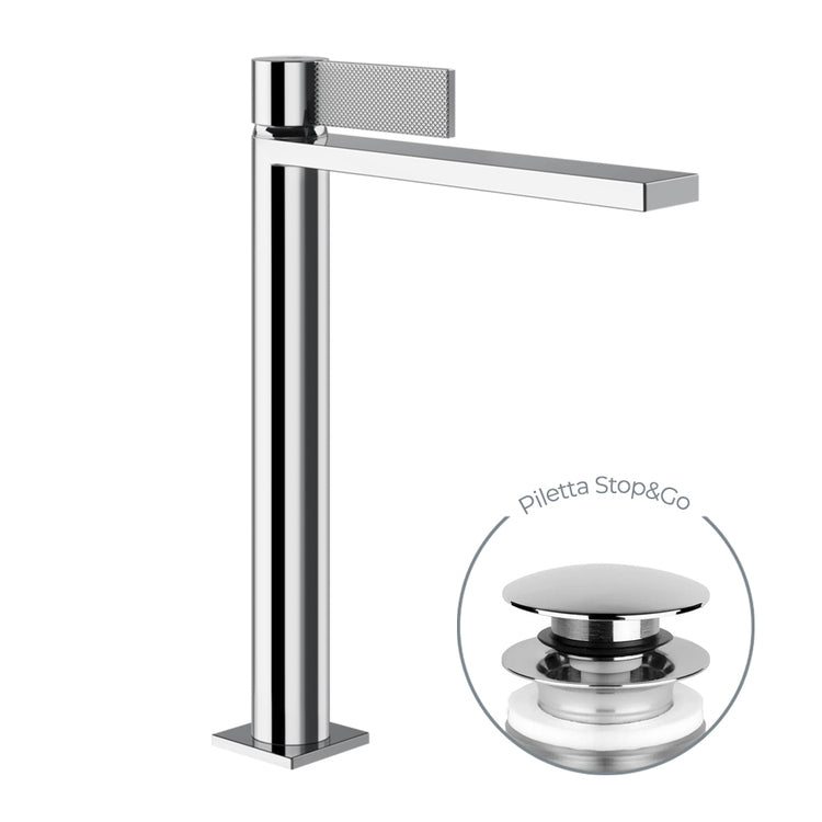 Gessi Hochwaschbeckenmischer H. 32 cm, mit Stop&Go Ablaufventil und flexiblen Schläuchen, Chromoberfläche INVERSO DIAMANTATO 73653#031