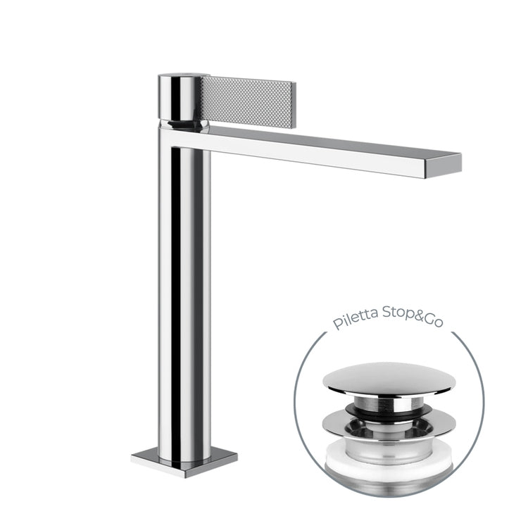 Gessi Waschtischmischer mittel H. 25 cm, mit Stop&Go-Ablaufventil und flexiblen Schläuchen, Chromoberfläche INVERSO DIAMANTATO 73655#031