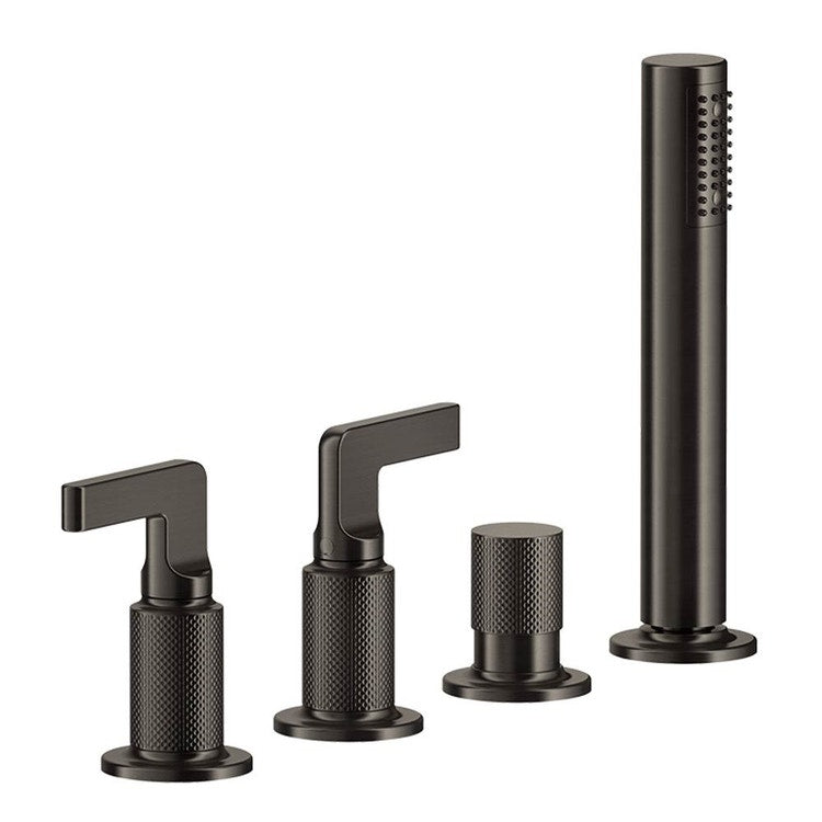 Gessi Wannenkanten-Gruppe mit vier Löchern, mit Umsteller, 150 cm Schlauch und kalkresistenter Handbrause, Ausführung am Wannen-Säule, Oberfläche Black Metal Brushed PVD INCISO 58043#707