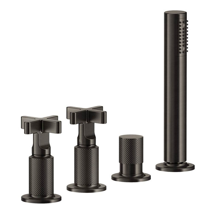 Gessi Inciso+ Gruppe Badewannenrand vier Löcher mit Umsteller, 150 cm Schlauch und herausziehbarem Kalkschutz-Duschkopf, Wasserabgabe an der Badewannensäule, Oberfläche Black Metal Brushed PVD 58143#707