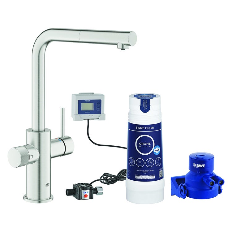 Grohe Einhebelmischer für Spüle mit Wasserfiltersystem und ausziehbarer Brause, gebürstete Chromoberfläche BLUE PURE MINTA 1000141