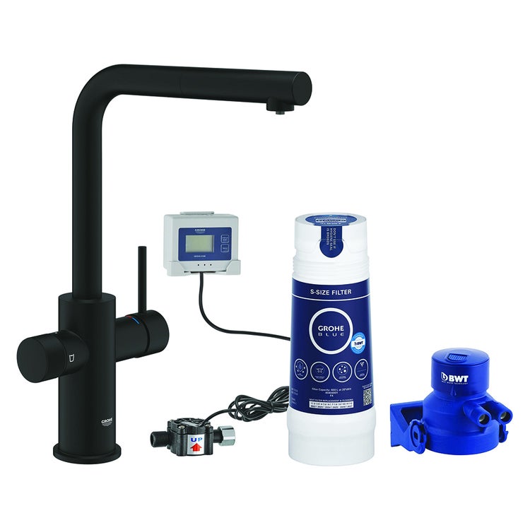 Grohe Einhandmischer für Spüle mit Wasserfiltersystem und ausziehbarer Brause, Farbe Schwarz Ultra-Matt Finish BLUE PURE MINTA 1000142