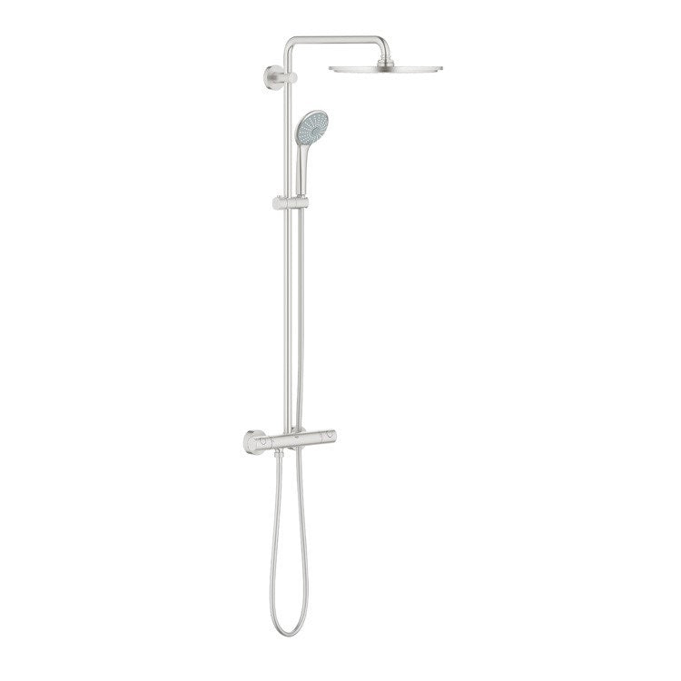 Grohe Duschsystem mit Thermostatmischer, Duscharm, Duschkopf Ø 31 cm, Duschbrause, verstellbarer Halter und 175 cm Schlauch, Oberflächenfinish Super Steel gebürstet EUPHORIA SYSTEM 310 26075DC0