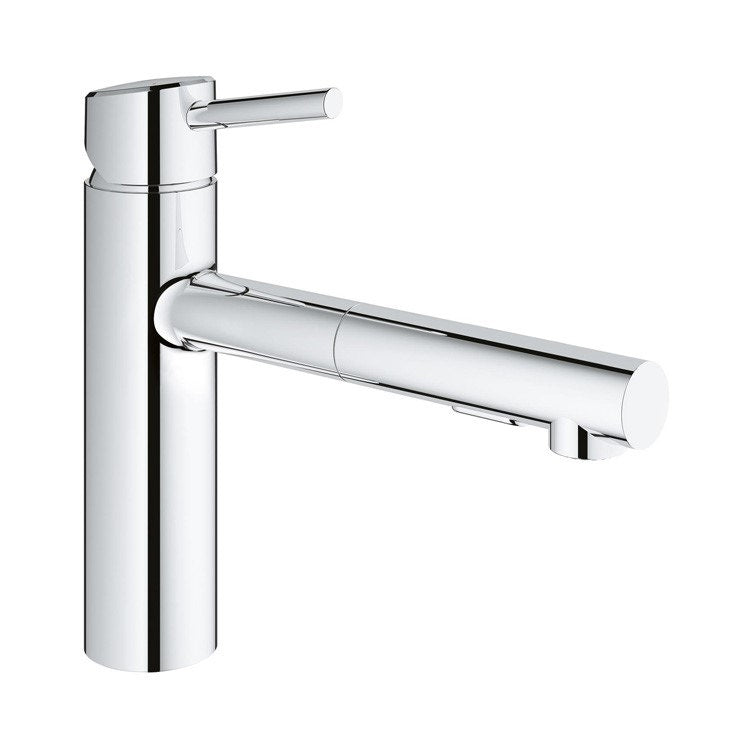 Grohe Einhand-Spültischmischer mit ausziehbarer Brause mit 2 Strahlarten, schwenkbarem Auslauf und Durchflussbegrenzer, Chromoberfläche CONCETTO 30273001