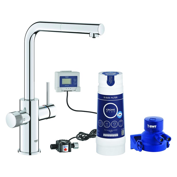 Grohe Einhand-Spültischmischer mit Wasserfiltersystem und ausziehbarer Brause, Chromoberfläche BLUE PURE MINTA 30591000