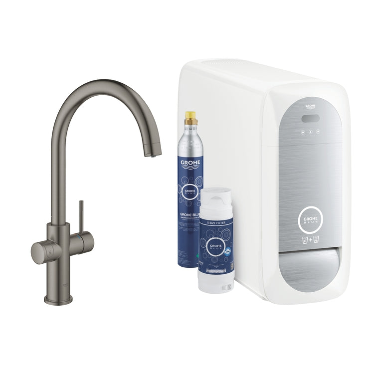 Grohe Komplettsystem Wasserhahn mit C-Auslauf und Kaltwassersatz mit WLAN-System, gebürstete Graphitoberfläche BLUE HOME 31455AL1
