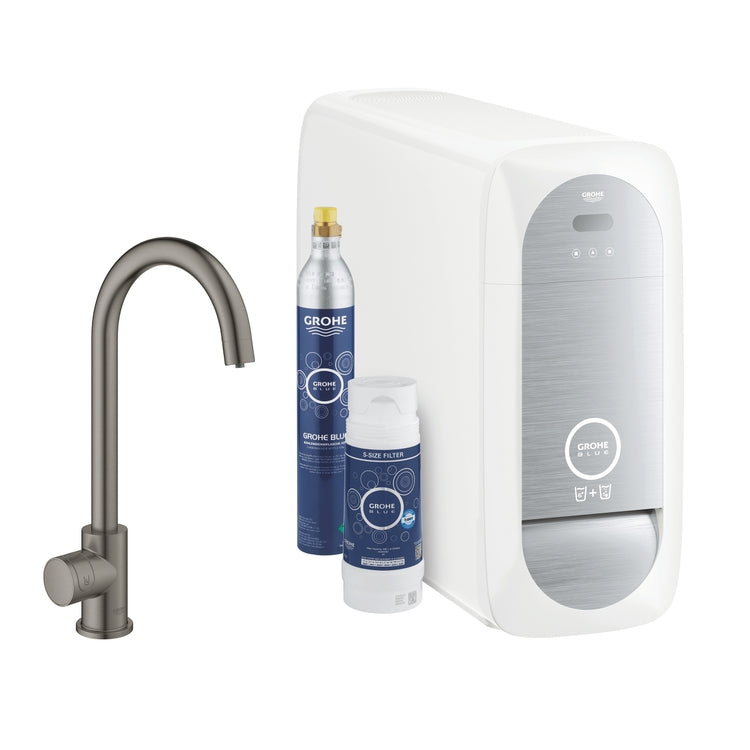 Grohe Komplettsystem Einhebelmischer mit C-Auslauf und Kaltwassersatz mit WLAN-System, gebürstete Graphitoberfläche BLUE HOME 31498AL1